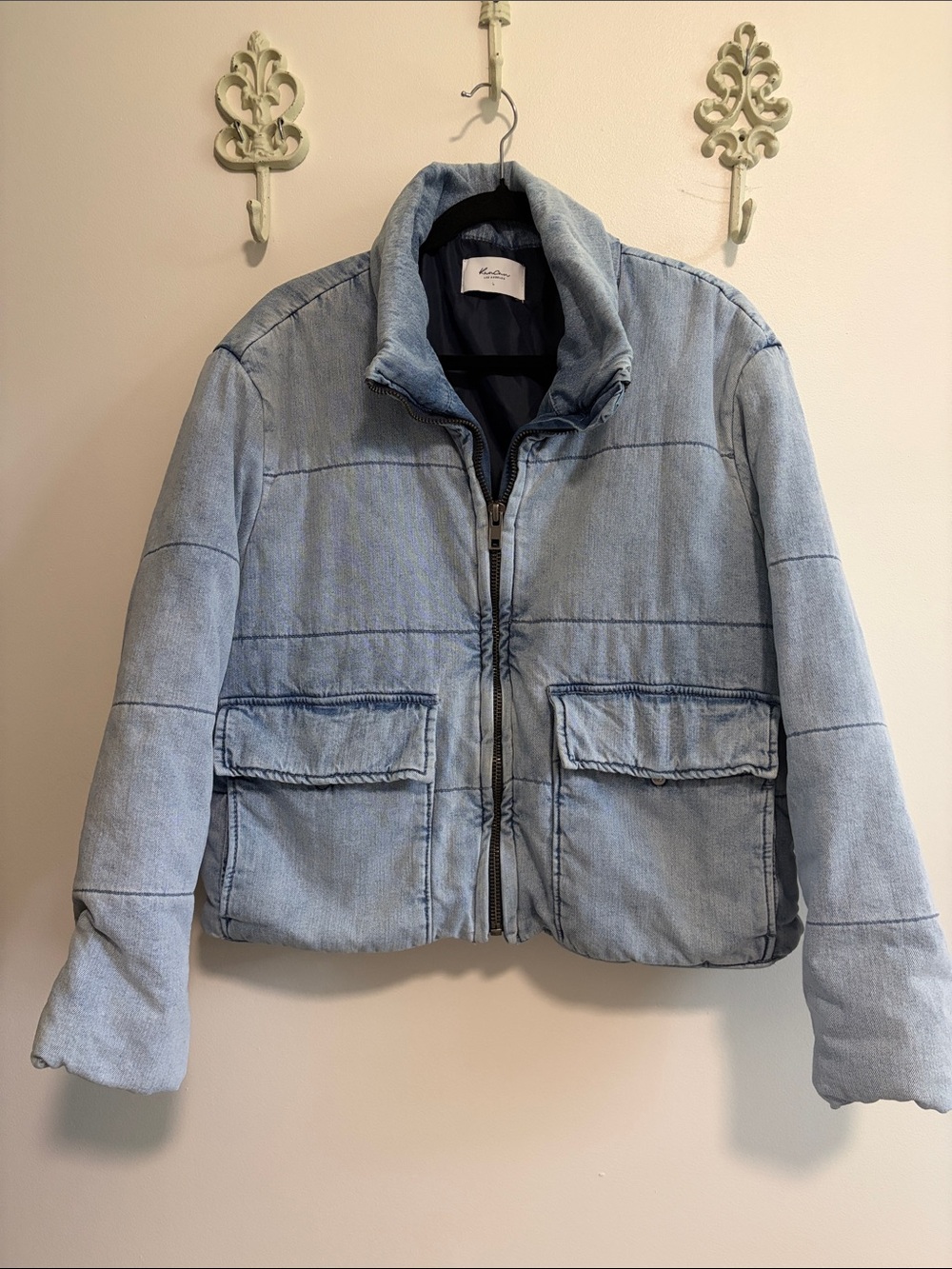 KanCan Lightwash Denim Quilted Puffer Jacket Women's L